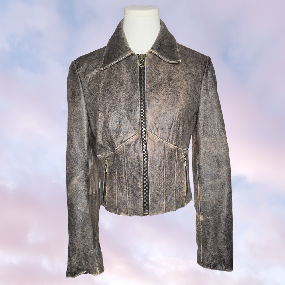 Vtg Y2k 2000s Guess Brown Distressed Worn Zip Up Emma Chamberlain Moto Jacket M - Picture 2 of 8